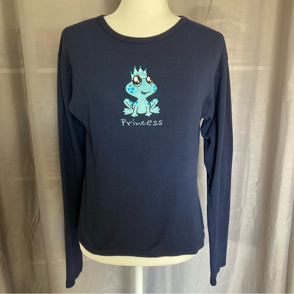 Vintage 90s Ross Sportswear Navy Blue Princess Frog Long Sleeve Top